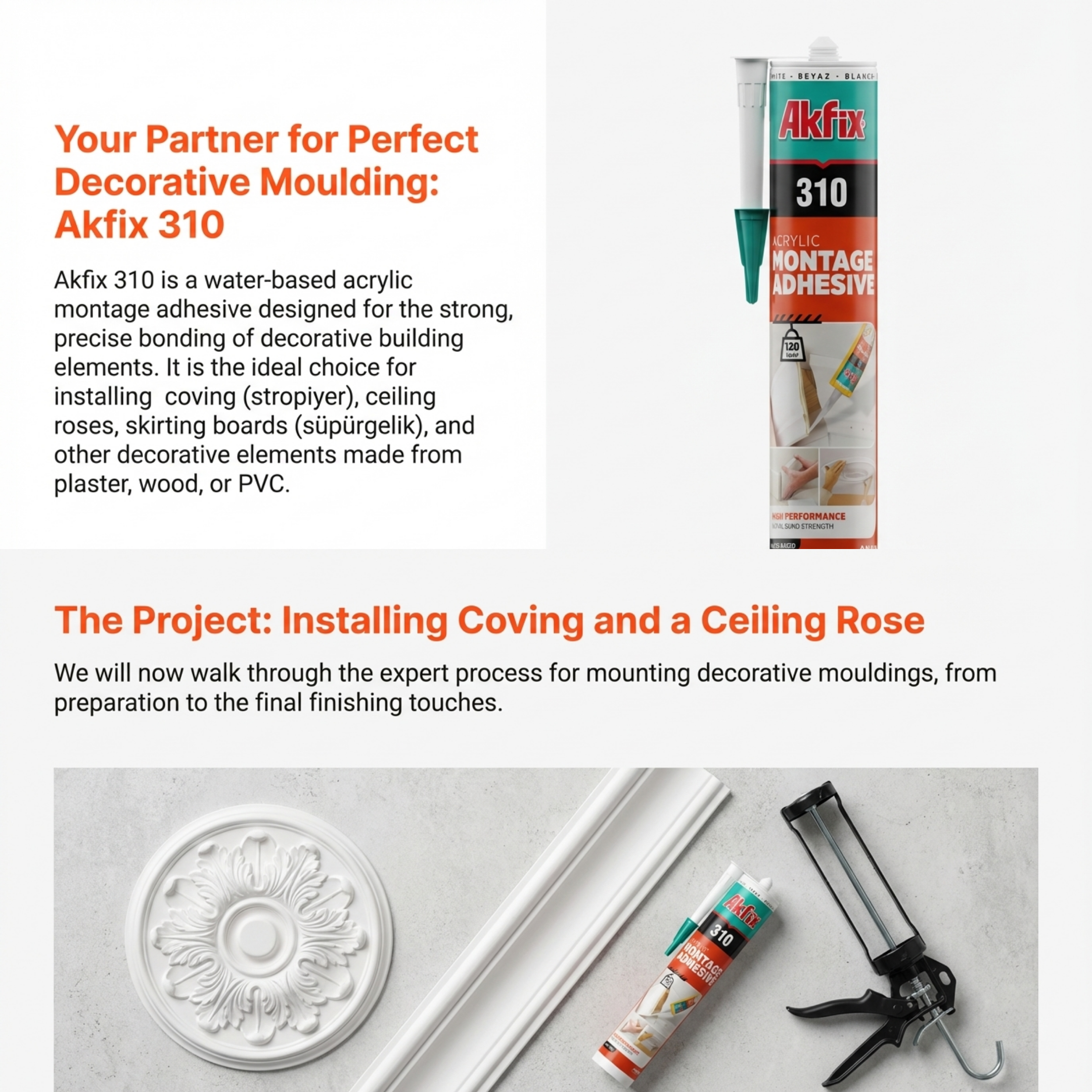 Akfix Mounting Bonding, Coving Adhesive and Joint Filler, High Strength Solvent-Free Grab Adhesive White 310ml Cartridge Waterproof, Paintable, Indoor & Outdoor Use