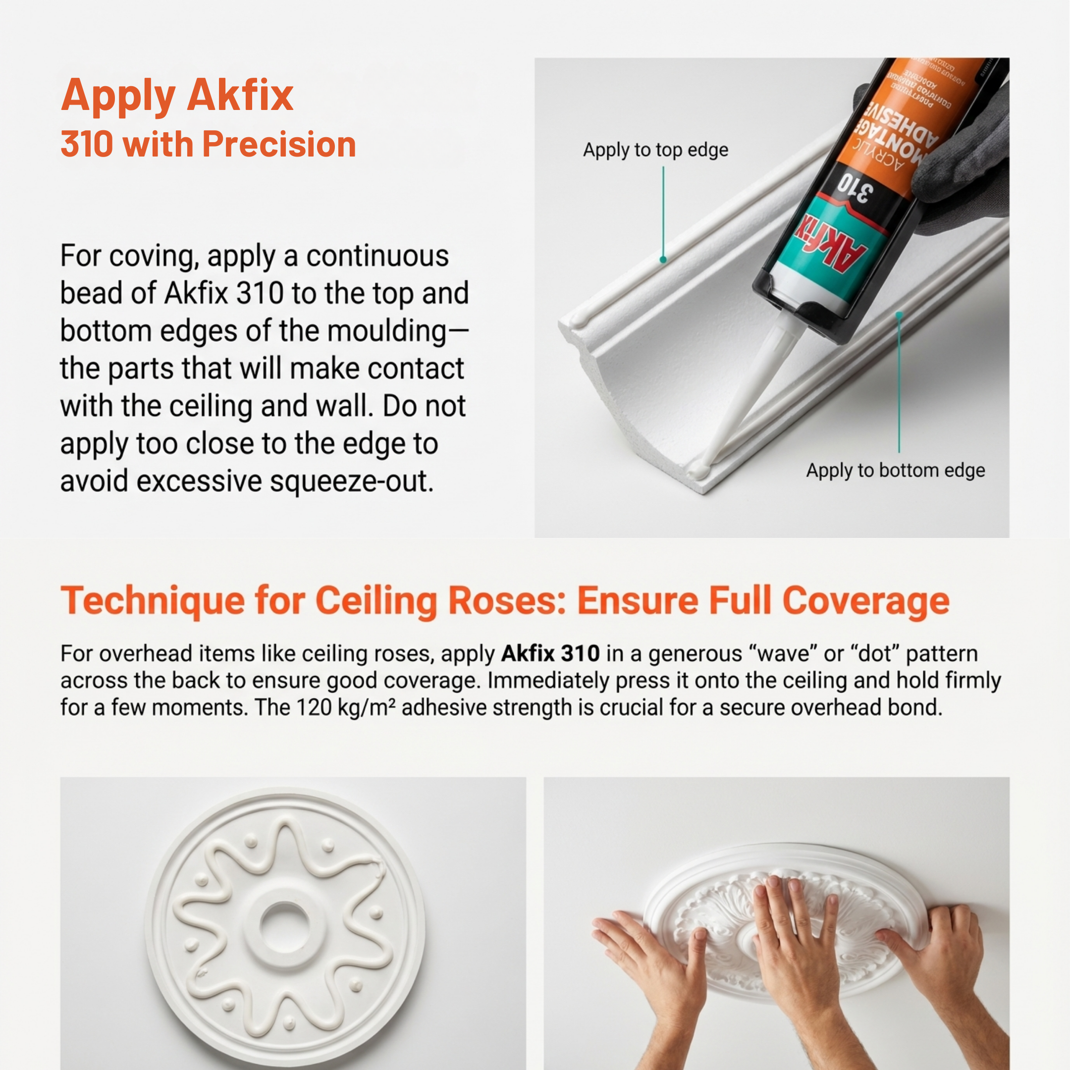 Akfix Mounting Bonding, Coving Adhesive and Joint Filler, High Strength Solvent-Free Grab Adhesive White 310ml Cartridge Waterproof, Paintable, Indoor & Outdoor Use