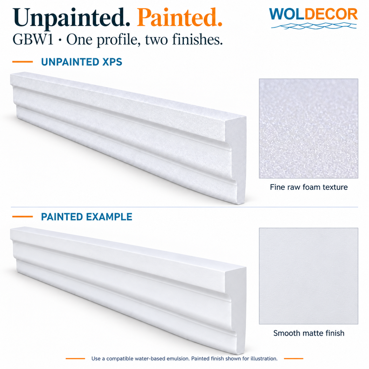 WOLDECOR GBW01 coving - Unpainted and painted finish examples