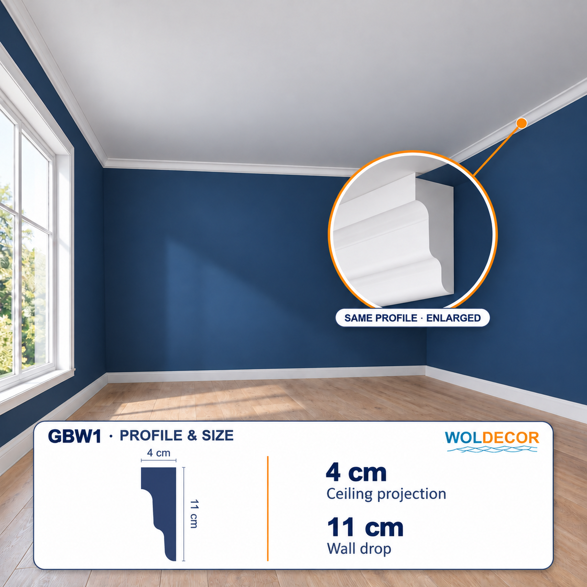 WOLDECOR GBW01 coving - Room illustration and dimensions