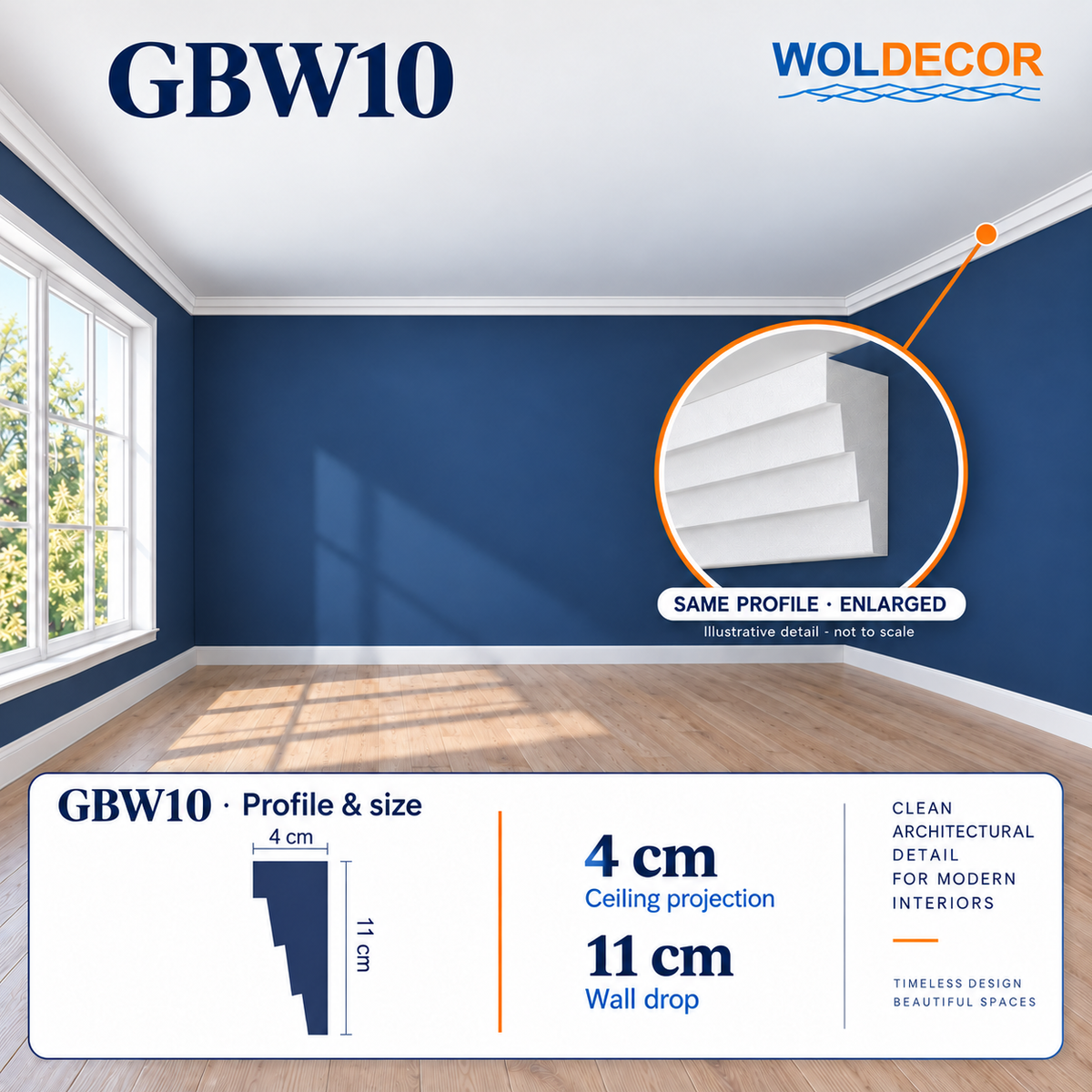 WOLDECOR GBW10 coving - Room illustration and dimensions